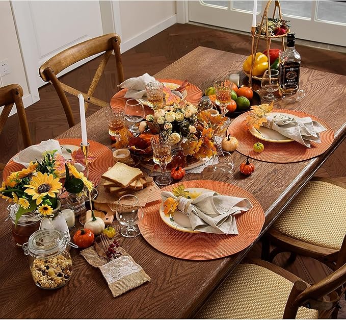 AHHFSMEI Round Braided Placemats 15 Inch Round Table Mats for Dining Tables Natural Woven Heat Resistant Place mats Set of 4 (Orange, 4)
