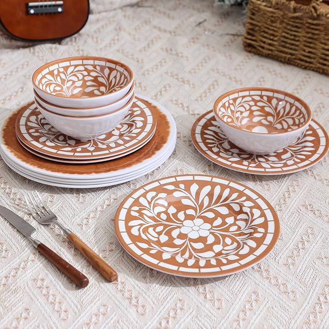 Melamine Plates and Bowls Set, 12-Piece Melamine Dinnerware Set, Dinner Serving Dishes Set for 4, Unbreakable, Brown-Yellow