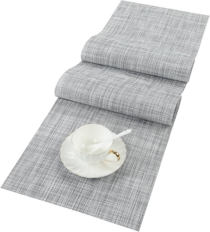 SHACOS Woven Vinyl Table Runners 12 x 54 inch Wipe Clean PVC Weave Table Runners Heat Resistant Runner for Table Indoor Outdoor, Gray White