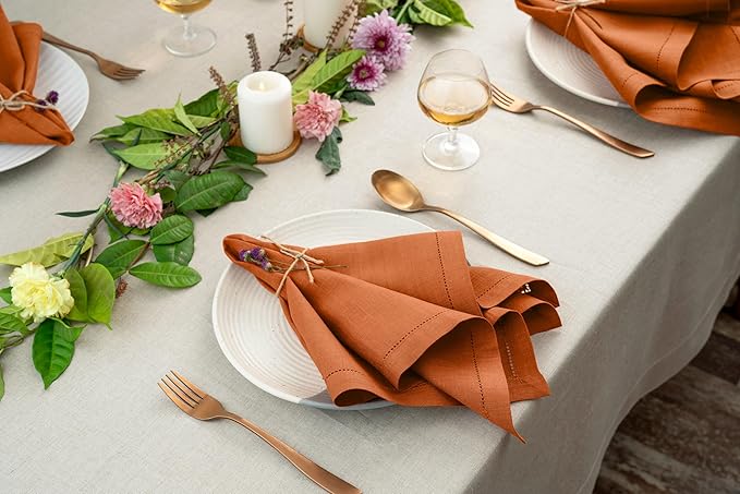 D'Moksha Homes Rust Linen Napkins Set of 6 - Classic Hemstitch 100% Pure Linen Hemstitch Dinner Napkins 20 x 20 Inch for Spring, Easter - Handcrafted and Machine Washable