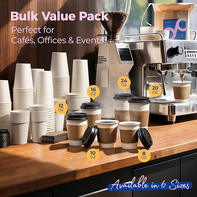 Fit Meal Prep 50 Pack 16 oz Disposable Coffee Cups with Lids, Sleeves, Leak-Proof To Go Coffee Cups with Lids, Durable Paper Cups for Hot Beverage, Home, Office, Party