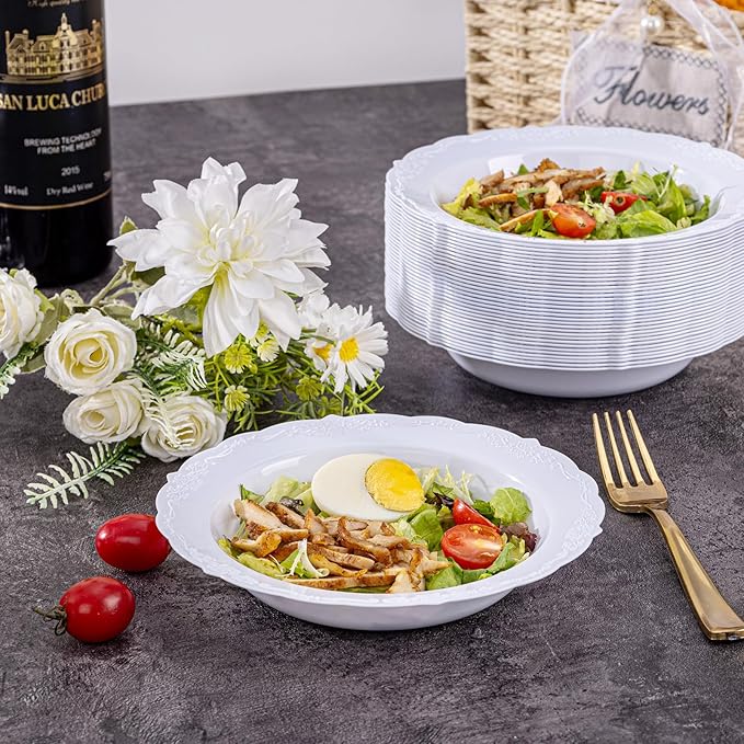 DaYammi 100 Pack White Plastic Bowls, 12oz Disposable Soup Bowls, Heavy Duty Dinner Bowl for Weddings, White Disposable Bowls for Parties, Dinners, Catering and Everyday Use