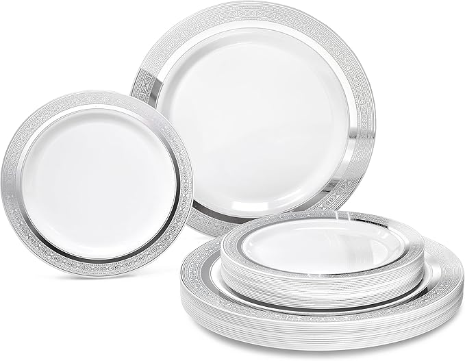 OCCASIONS 240 Plates Pack,(120 Guests) Heavyweight Premium Wedding Party Disposable Plastic Plates Set -120 x 10.5'' Dinner + 120 x 7.5'' Salad/Dessert (Palace White & Silver)