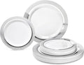 OCCASIONS 240 Plates Pack,(120 Guests) Heavyweight Premium Wedding Party Disposable Plastic Plates Set -120 x 10.5'' Dinner + 120 x 7.5'' Salad/Dessert (Palace White & Silver)