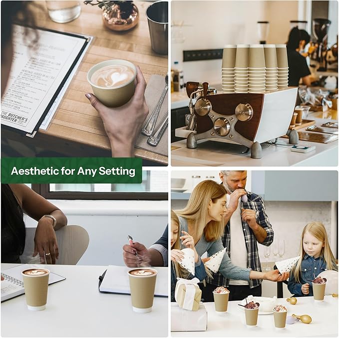 Coffee Cups 16 oz Disposable Paper Cups,100 Pack Compostable Double Wall Hot Cups, BPI Certified BPA Free Paper Cups, Natural Kraft To Go 16oz Disposable Cups for Office Cafe Home Party Travel