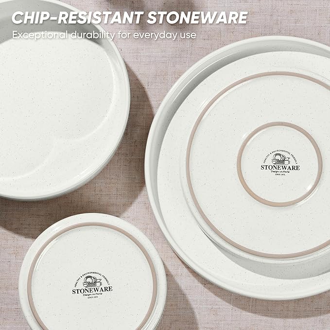 E-far 8-Piece Plates and Bowls Sets - Stoneware Dinnerware Sets with Pasta Bowls for 2 | Microwave & Dishwasher Safe Kitchen Modern Dish Set, Speckled White