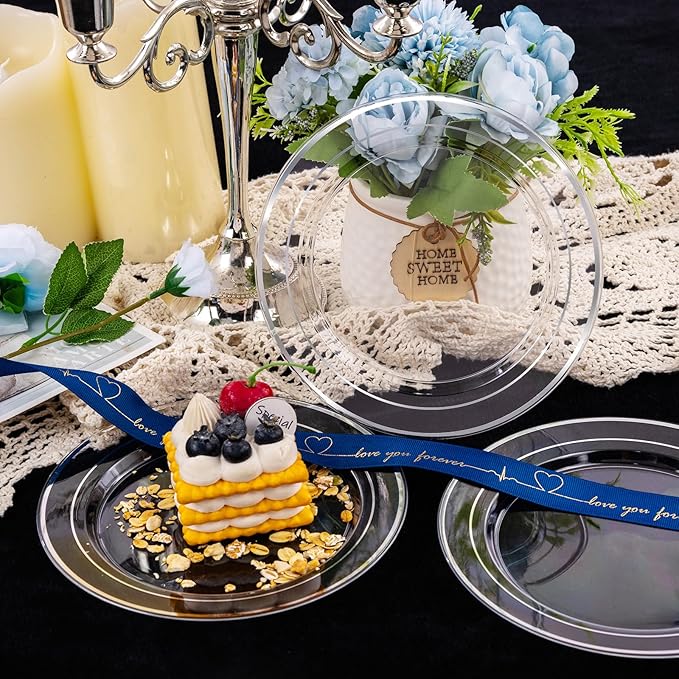 I00000 100Pcs Clear Silver Plastic Plates,Silver Rim Plates 7 Inch,Heavy Duty Premium Clear Dish for Wedding Party Supplies for Salad Dessert Cake