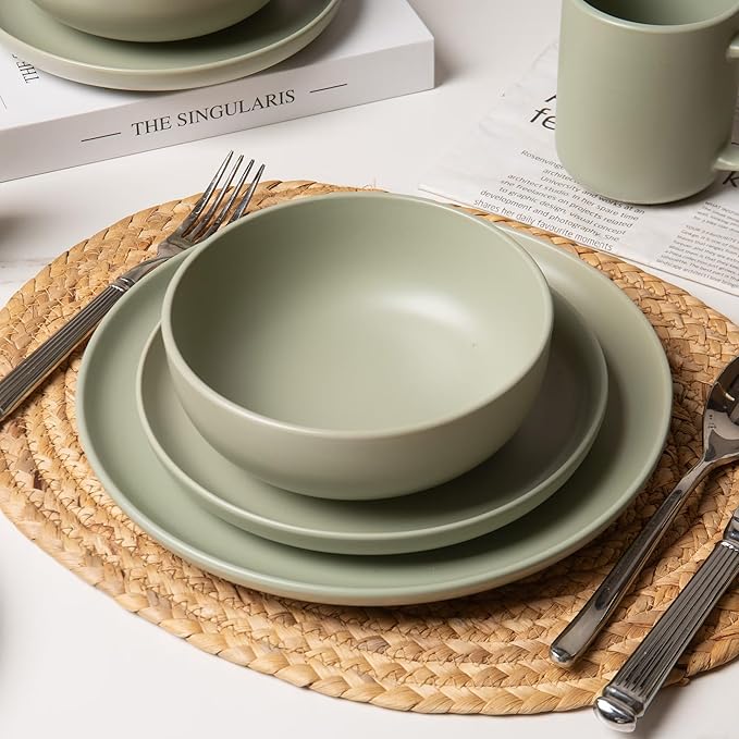 12-Piece Stoneware Dinnerware Set with Mugs | Microwave and Dishwasher Friendly | Stackable Matte Glaze Plates & Bowls | Service for 3 (Green for 3)