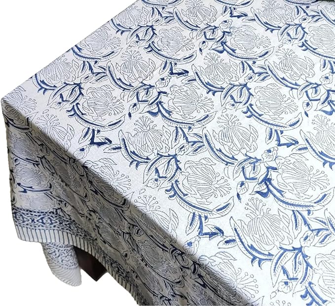 ATOSII ‘Santorini’ 100% Cotton Fall Tablecloth, Handblock Print Blue Square Table Cloth for Kitchen I Dining Table Linen I Parties Wedding Christmas Thanksgiving I Fall Decor 60 X 60 Inches