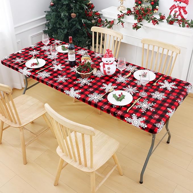 Smiry Plastic Christmas Tablecloth, Buffalo Plaid Waterproof Elastic Fitted Table Covers, Wipeable Flannel Backed Vinyl Tablecloths for Dinner, and New Year Celebration (Black & Red, 30x48 Inches)