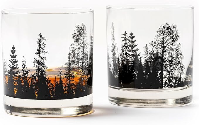 Black Lantern Whiskey Glass Set – Forest Landscape Old Fashioned Tumblers for Bourbon, Scotch & Cocktails – Nature Inspired 11oz Rocks Glasses for Home Bar & Gifts (Set of 2)