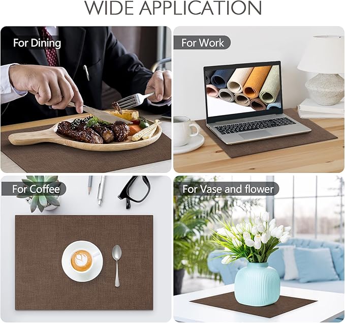 Faux Leather Placemats Set of 6 Washable PU Table mats for Kitchen Table - Heat Resistant, Waterproof, Easy Clean, Anti Slip 11.8" x 17" (Dark Brown-6 Pack)