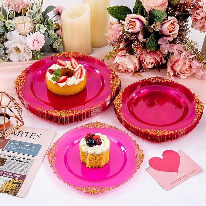 102PCS Clear Hot Pink Plastic Plates - Pink Disposable Plate with Gold Rim - Hot Pink Party Plates Include 51PCS 7.5inch Dessert & 10.25inch Dinner Plate for Wedding Birthday Valentine's Day