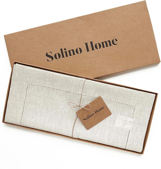 Solino Home Linen Light Natural Table Runner 72 Inches Long - 100% Pure Linen Hemstitch Table Runner 14 x 72 Inch for Dresser, Dining, Spring, Easter - Classic Hemstitch