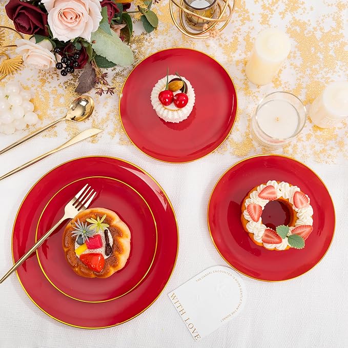 I00000 150Pcs Red Plastic Plates with Gold Rim,Fancy Plastic Plates,Nice Disposable Plates Set include 30 Dinner Plate,30 Dessert Plate, 90 plastic Silverware Set for Valentine's Day