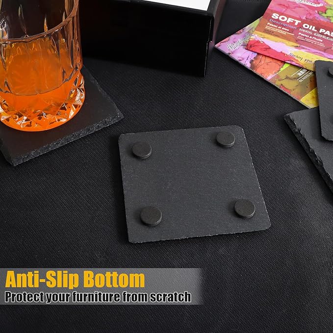 12 Pack Slate Drink Coasters with Metal Holder, VIBRATITE 4 Inch Black Slate Stone Coasters Bulk Laser Engraving Blanks with Anti-Scratch Bottom for Drink Coffee Bar Kitchen Home Decor, Square