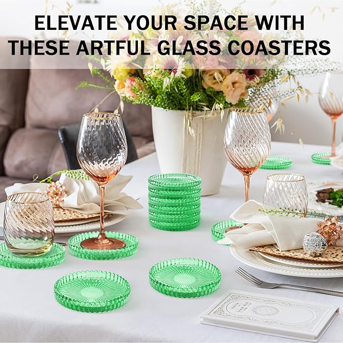 Modern Glass Coasters, GOH DODD Set of 6 Crystal Coasters Tabletop Protection for Drinks, Home Decor, Kitchen, Living Room, Patio, Wedding, Party, Housewarming Gifts, Clear Green