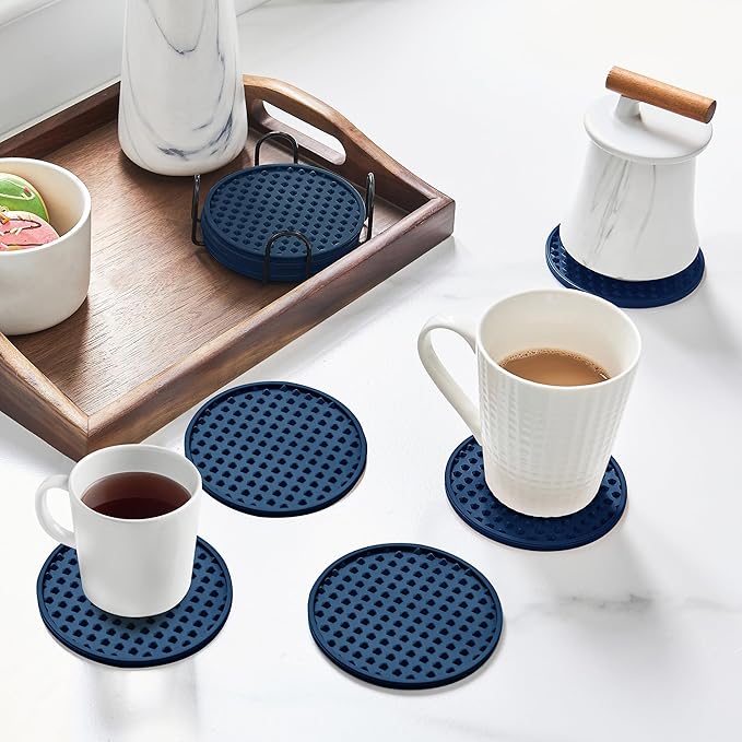 Coasters for Drinks, Silicone Coasters Set of 12 with ABS Holder, Outdoor Coaster for Coffee Table, Non-Slip Rubber Table Cup Mat Desk, Heat Resistant & Scratch-Proof (Navy Blue)