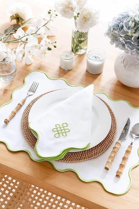 Hofdeco Premium Coastal Patio Indoor Outdoor Placemat Set of 4, 14"x19" Double-Layered, Waterproof Cloth Placemat for Kitchen or Dining Table. Green Embroidered Solid A