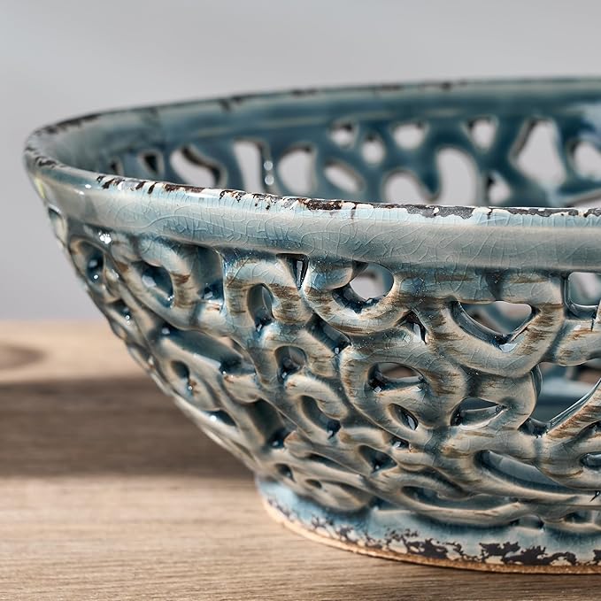 SIDUCAL Ceramic Fruit Bowl for Kitchen Counter,Decorative Fruit Basket with Holes, 10.43" Large Hollow Out Fruit Vegetable Holder Bowl for Table Decor, Gray