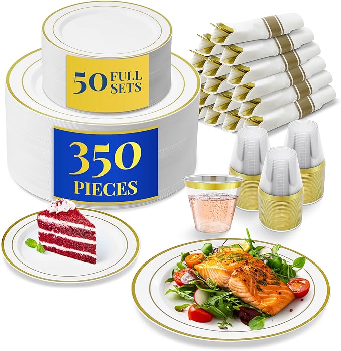 Reli. Plastic Plates for Party | 350 Pieces | White w/Gold Rim | Plates and Napkins Party Supplies | Disposable Dinnerware Set for 50 Guests | Dinner & Dessert Pack, Pre-Rolled Gold Cutlery Set, Cups