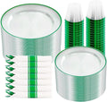 SUT 350 Pcs Green and Clear Plastic Dinnerware Set for 50 Guests, Include: 50 Dinner Plates, 50 Dessert Plates, 50 Pre Rolled Napkins With Silverware, 50 Cups, Disposable Plates for Party