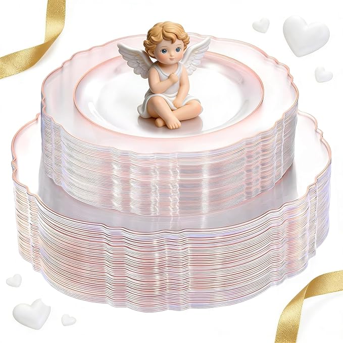 WDF 100pcs Rose Gold Plates Plastic Disposable - Baroque Clear and Rose Gold Plates for Parties or Weddings including 50PCS Dinner Plates 10.25’’ and 50PCS Salad Plates 7.5’’