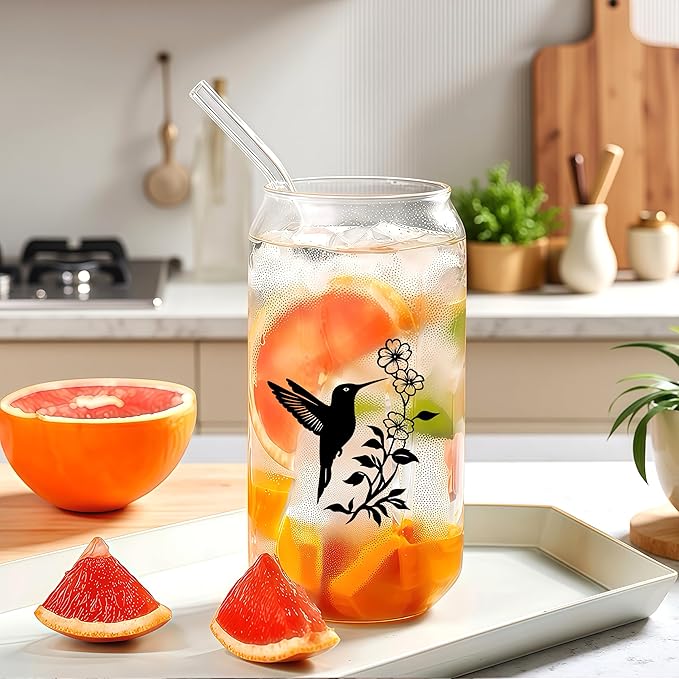 Cute Hummingbird Glass Cup With Lids And Straws, Hummingbird Gift For Women, Iced, Coffee, Smoothie, Cocktail, Beer, Whiskey, Soda, Matcha,16 Oz, Home Office Table Desk Decoration!