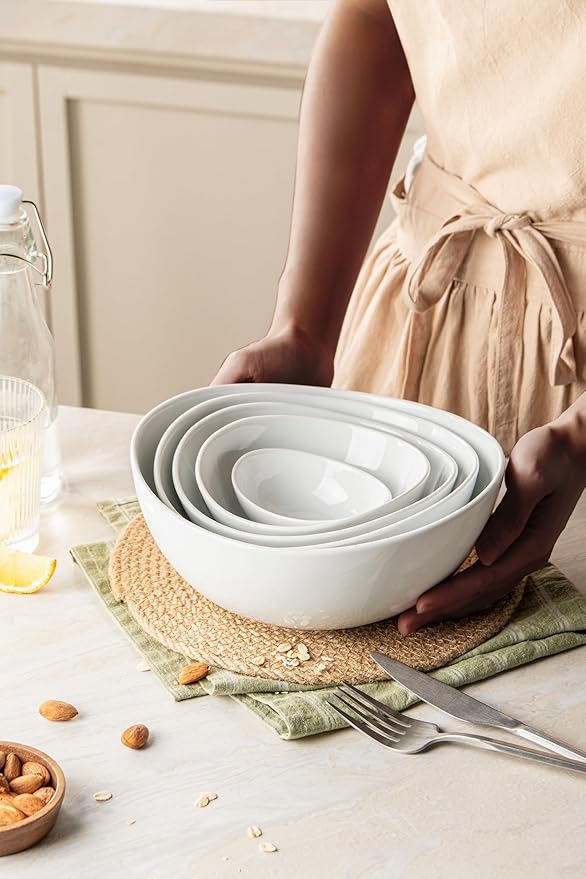 Porcelain Bowls, 32 OZ Ceramic Serving Bowls for Pasta, Stackable Set of 6 Plates for Condiment Souup, Cereal, Ramen, Pure White (7 Inch(32 Ounce))