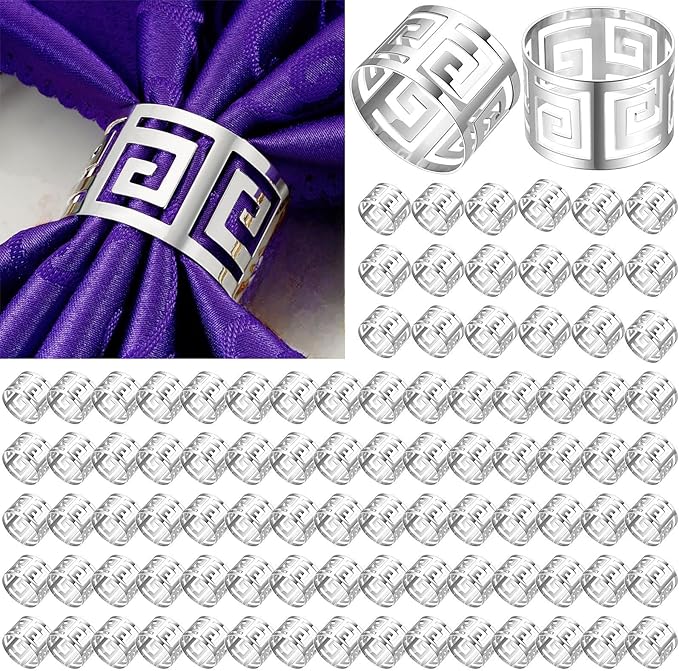 Hotop 16 Pcs Silver Napkin Rings Set Hollow Out Metal Napkin Holder Exquisite Serviette Buckle Bulk for Wedding Party Gathering Dinner Table Decoration