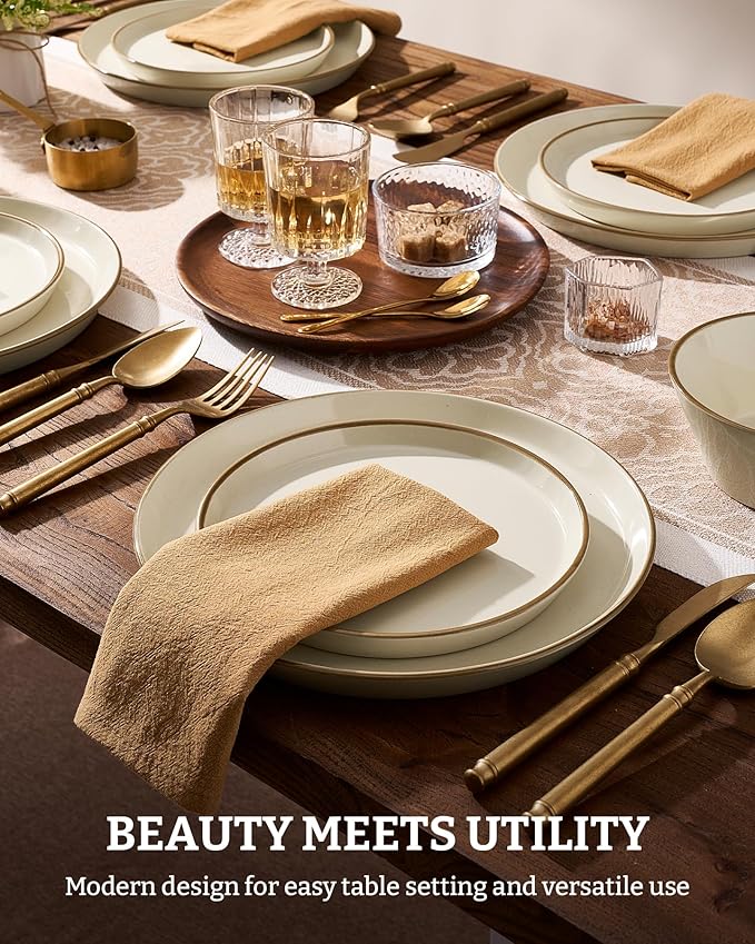 Famiware Saturn Stoneware Dinnerware Sets for 8 (24 Pieces), Ceramic Plates and Bowls Dish Sets with Hand-Painted Trim - Chip & Scratch Resistant, Microwave & Dishwasher Safe Tableware, Vanilla White