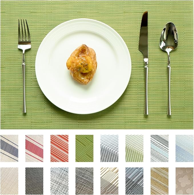 Placemats Set of 4 Vinyl/Plastic Woven Place Mats for Kitchen Table Indoor/Outdoor Washable Placemat Wipeable Dining Table Mats (Oliver Green,4)