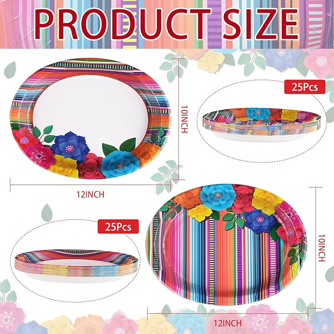 50Pcs Mexican Fiesta Party Plates 10" x 12" Large Disposable 400 GSM Heavy Duty Mexican Floral Stripes Oval Paper Plates Cinco De Mayo Decorations for Baby Shower Mexico Taco Party Supplies