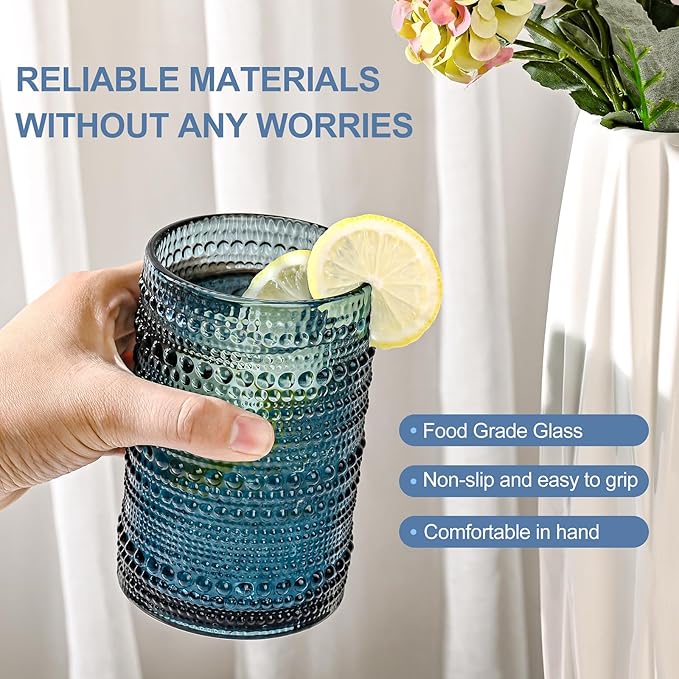 Vintage Hobnail Drinking Glasses Set of 8,Blue 12 oz & 15oz Highball Glass Cups,Kitchen Drinkware Glassware,Embossed Water Tumbler,for Beer,Cocktail,Whiskey,Juice and Various Mixed Drinks