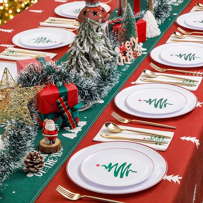 LIYH 60 Pcs Christmas Plates Disposable Heavy Duty, White Plastic Christmas Plates with Red Rim, Tableware Dishes, Xmas Party Decorations Holiday Party Supplies Serve for 30 Guests