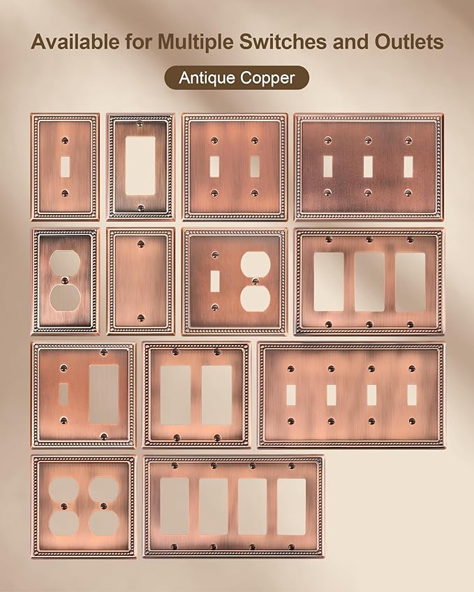 2-Pack Double Decorator Outlet Cover Plate, Antique Copper Pearls Decorative Switch Plates and Outlet Covers, Metal Wall Plates for Electrical Outlets, Receptacle, GFCI Outlet, Dimmer Switch