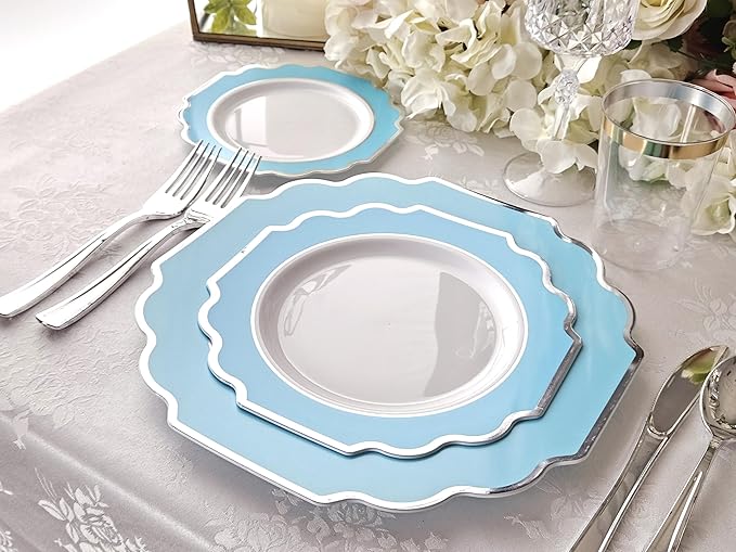 " OCCASIONS " 240 Plates Pack (120 Guests) Heavyweight Wedding Party Disposable Plastic Plates-120x10.5'' Dinner + 120x8'' Appetizer Plate (Imperial Aqua & Silver)
