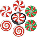 Christmas Candy Coasters Leather Round Drink Coasters 6 Pcs Set with Holderor for Cup Drink Coffee Table Bar Home Decor