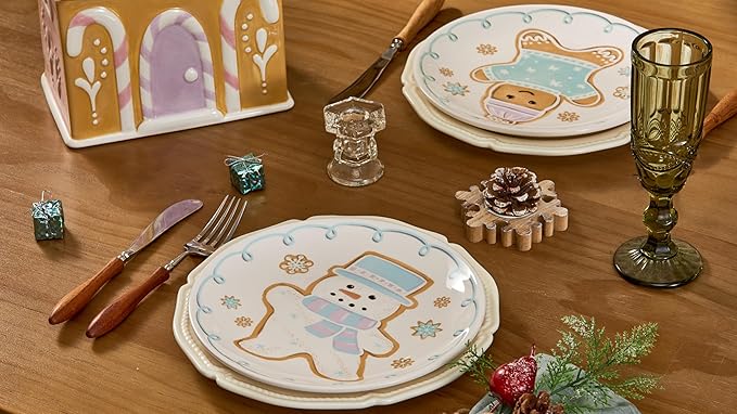 Bico Pastel Gingerbread Man Salad Plates Set of 4, 8.75 Inch Ceramic Dessert Plates for Salad, Appetizer, Side Dishes, Microwave and Dishwasher Safe, Gift for Housewarming and Christmas