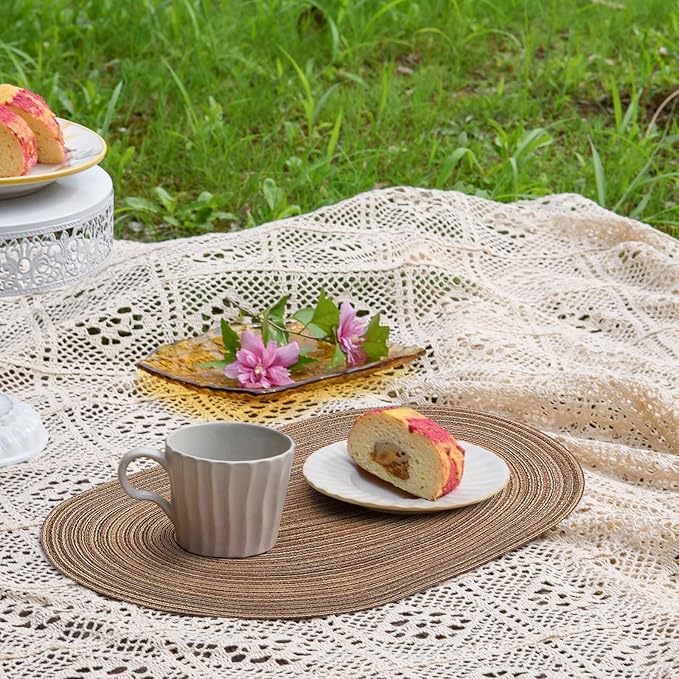Noctiflorous Oval Braided Placemats Set of 4 Woven 12x18 Inch Non Slip Washable Heat Resistant Place Mats Round Tablemats for Dining Kitchen Party Daily Table Decor Dinner Mats (Brown, 4)