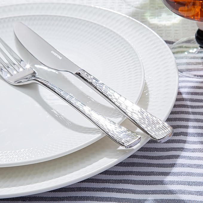 KINGSTONE Hammered Silverware Set, 60-Piece Flatware Set, 18/10 Stainless Steel Premium Cutlery with Unique Ripple Handles Design Mirror Polished - Dishwasher Safe