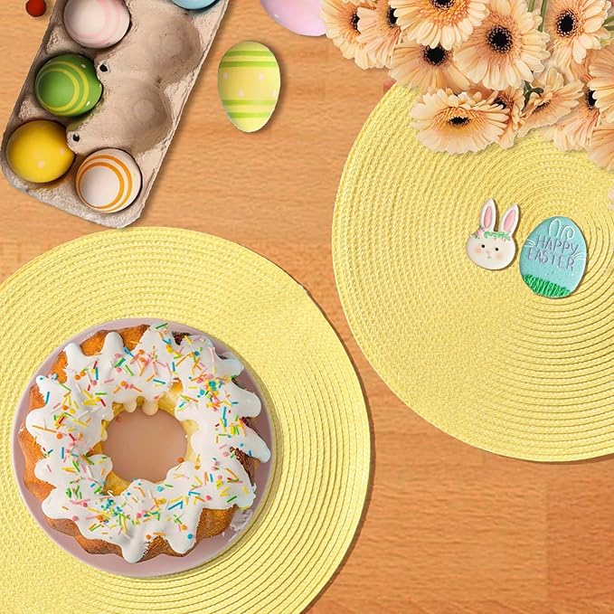 AHHFSMEI Round Braided Placemats 15 Inch Round Table Mats for Dining Tables Natural Woven Heat Resistant Place mats Set of 6 (Light Yellow,6)