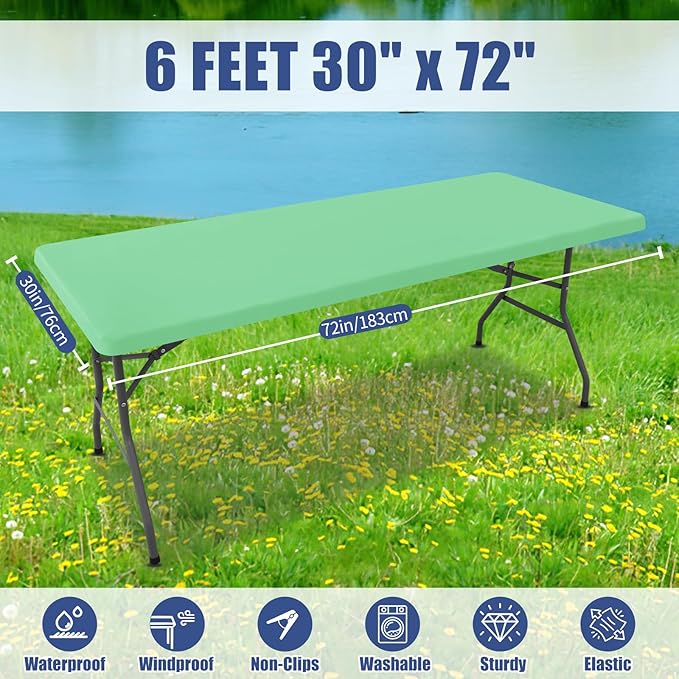 Spandex 6 Foot Rectangle Table Cloth 2 Pack, Elastic Fitted Tablecloths for Picnic, Stretch Washable Patio Table Cover for Outdoor, Camping, Banquet and Parties (Bright Green, 30"x72")