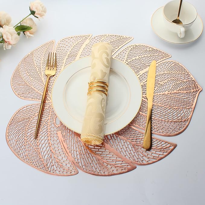 Evevda Rose Gold Leaf Shaped Vinyl Placemats for Dinner Table Set of 6 Metallic Plastic Place Mats Wipeable 6Pcs Table Mats for Wedding Annersary Dinner Table Decoration Mats(17.7x13.8inch/45x35cm)