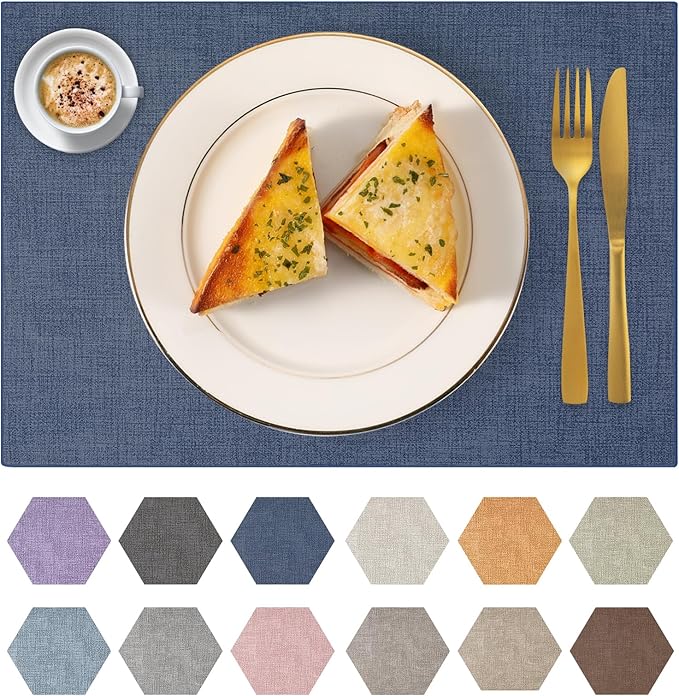 Faux Leather Placemats Set of 8 Washable PU Table mats for Kitchen Table - Heat Resistant, Waterproof, Easy Clean, Anti Slip 11.8" x 17" (Dark Blue-8 Pack)