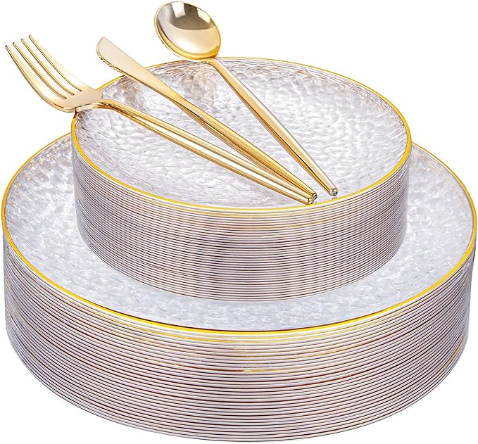 Rubtlamp 150Pcs Plastic Plates, Heavy Duty Clear Plates With Gold Rim, Hammered Gold Dinnerware Set Include 30 Dinner Plate, 30 Dessert Plate, 90 Plastic Silverware