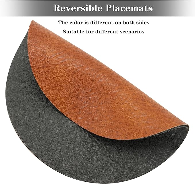 Round Placemats and Coasters Set of 8, Washable Reversible Faux Leather Placemats Cowhide Pattern Place Mats Wipeable Non-Slip 15 inch Round Kitchen Dining Table Mats (Gray Brown, 8)