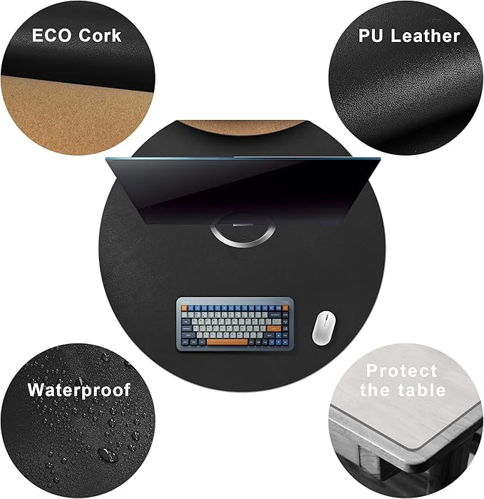 CENNBIE 30/24/20/18 Inches Round Table Mat - Cork Leather Placemats - Suitable as Side Dining Coffee Table Cover (Black)