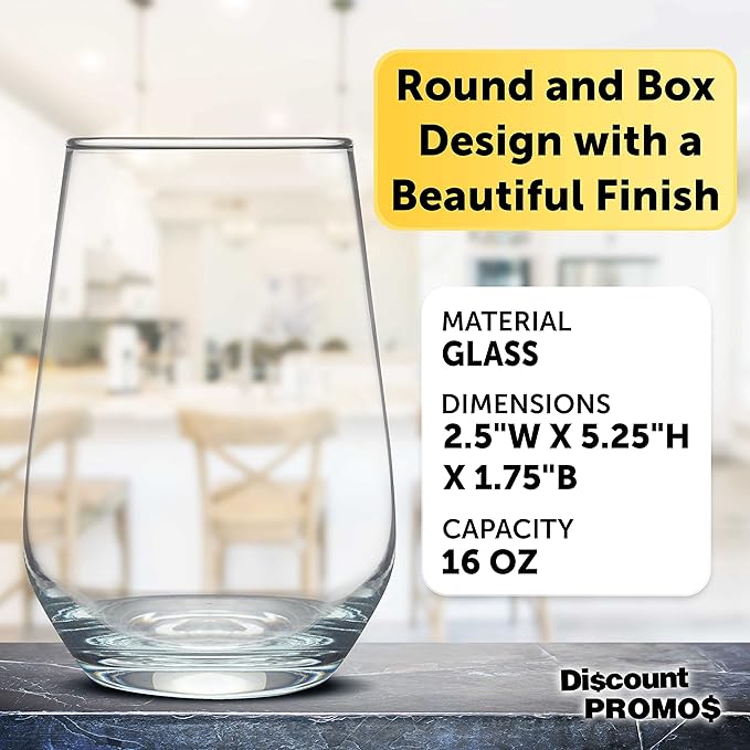 DISCOUNT PROMOS 10 Vaso Silicia Stemless Wine Glasses Set, 16 oz. - Clear, Orb-Like, Thick base - Clear