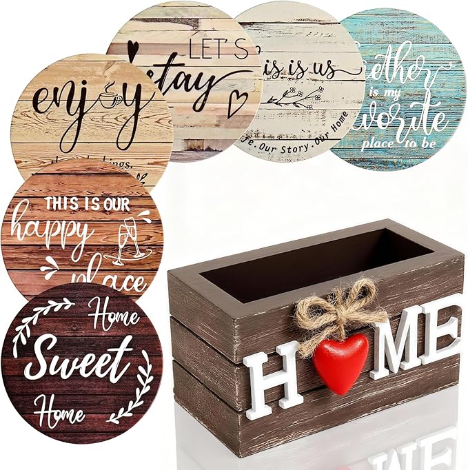 House Warming Gifts for New Home Farmhouse Coaster for Drinks Wood Coasters Set of 6 Personalized Christmas Coasters with Holder Valentines Day Gifts Heart Coaster for Home Decor (Classic Farmhouse)